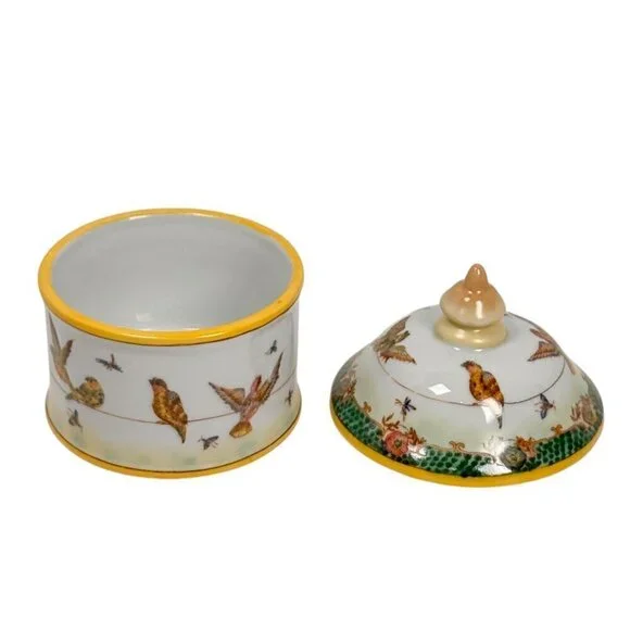 VTG Ceramic Hand Painted Lidded Jar Set Dish Asiatides Mark Chinese Birds 2PCs - Picture 5 of 15